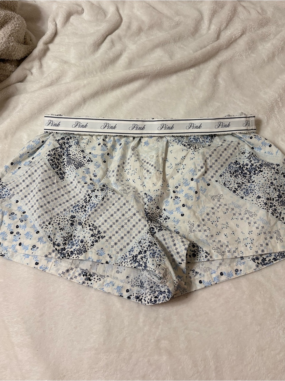PINK Victoria's Secret White Shorts with Blue Floral Motif